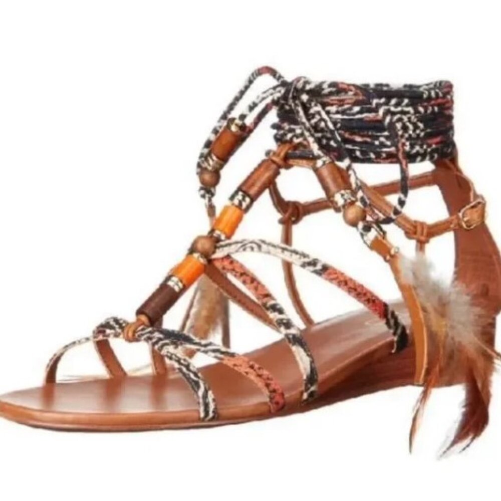 Aldo Womens  Ninna Festival Lace Up Feathered Beaded Flat Sandals Size 8
